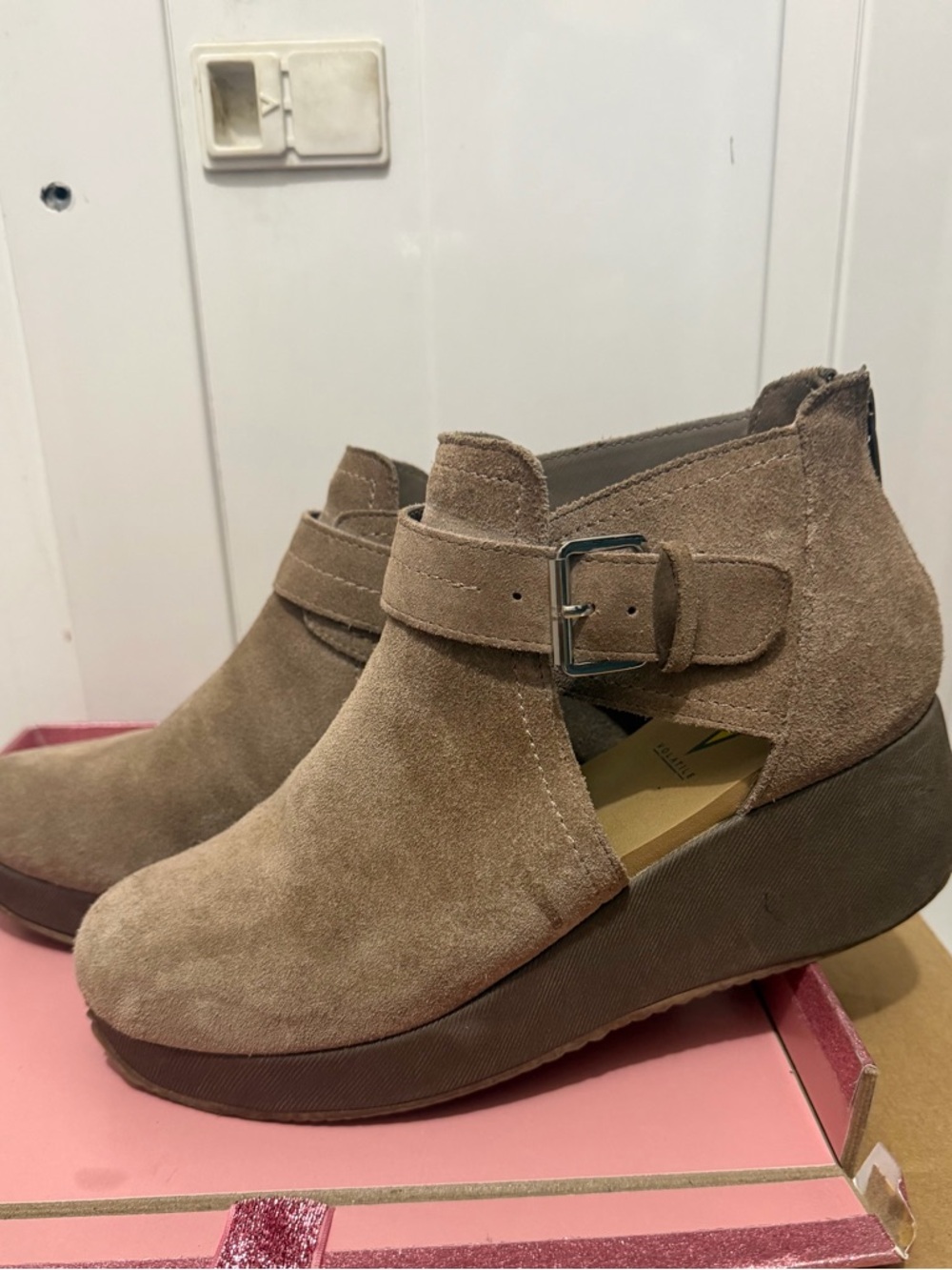 Volatile Taupe Suede Wedge Ankle Boot with Buckle